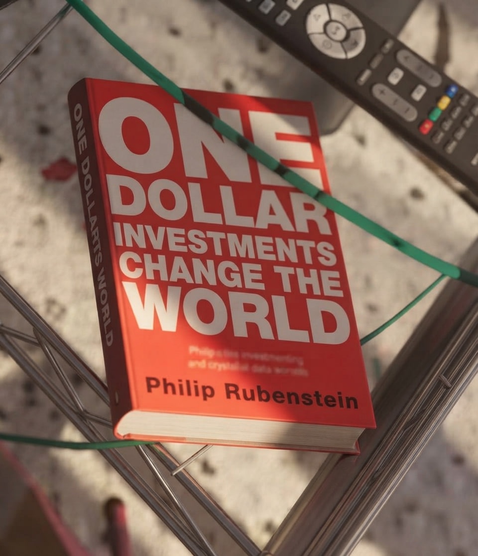 The book “One Dollar Investments Change the World” on a glass coffee table in Grand Theft Auto VI